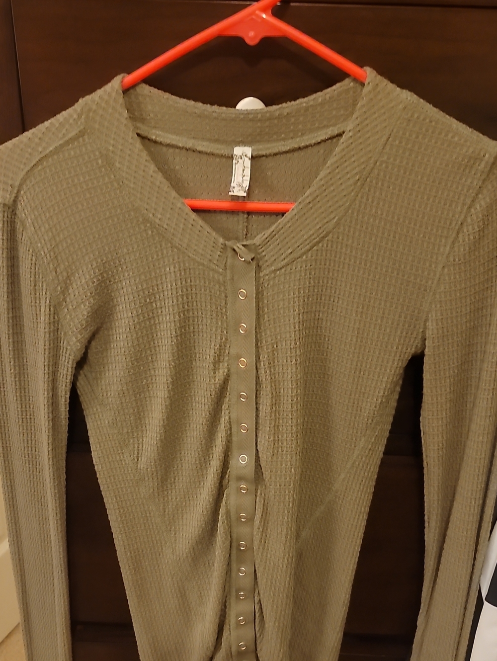 Free People Intimately Womens Olive Green  Waffle Knit Long Sleeve Henley S
